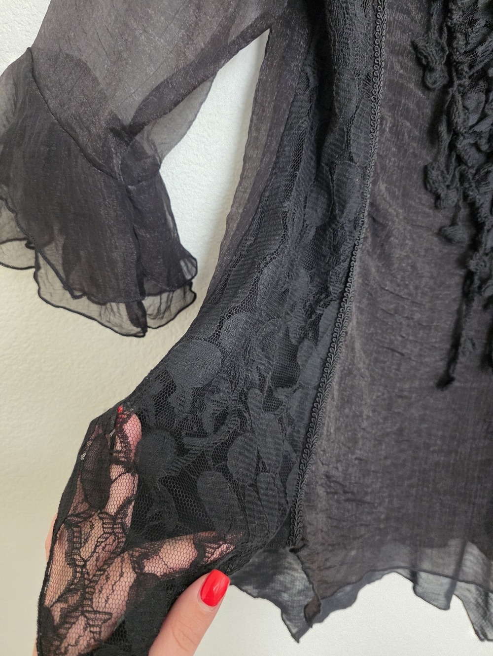 Pretty Angel Y2K Boho Grunge Fairycore Renaissance Ruffled Lace Silk Blouse Sz L - Picture 5 of 9